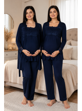 Effortt 2401L Lacivert Lohusa Pijama Takım Sabahlık